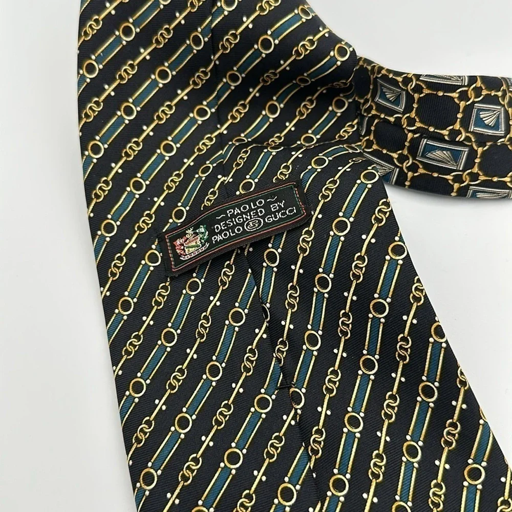 Gucci By Paolo Gucci Vintage SilkTie Black Gold 59” Long